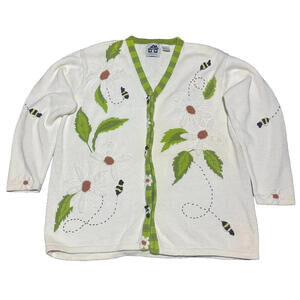 Storybook Knits Cardigan 1X XL Daisy Bumble Bee Cottagecore Granny 90s Sweater